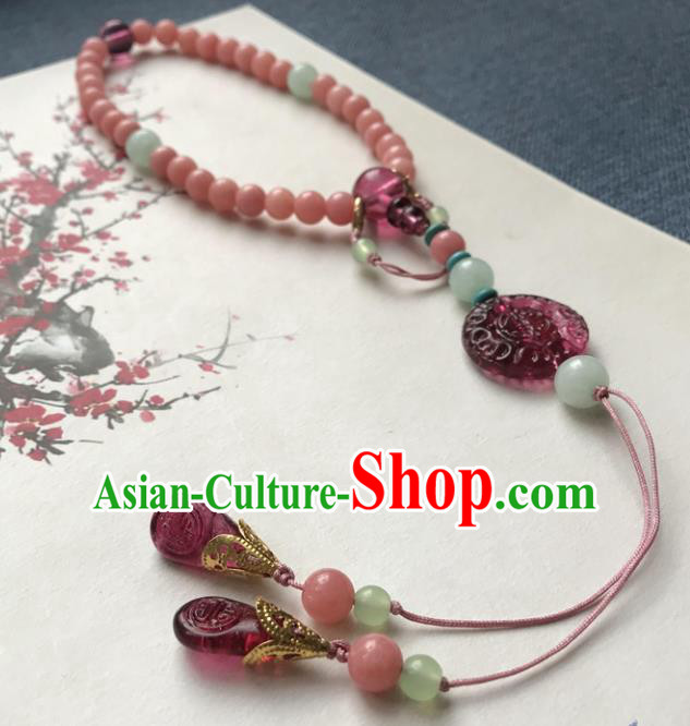 Chinese Ancient Hanfu Pink Beads Tassel Pendant Lappet Brooch Jewelry Carnelian Accessories