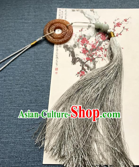 Chinese Ancient Hanfu Grey Tassel Pendant Yellow Jade Brooch Jewelry Accessories Lappet