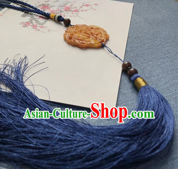 Chinese Ancient Hanfu Royalblue Tassel Pendant Yellow Jade Carving Brooch Jewelry Accessories Lappet