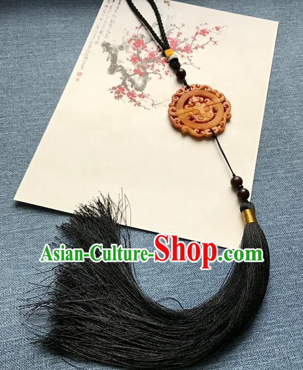 Chinese Ancient Hanfu Black Tassel Pendant Yellow Jade Carving Brooch Jewelry Accessories Lappet