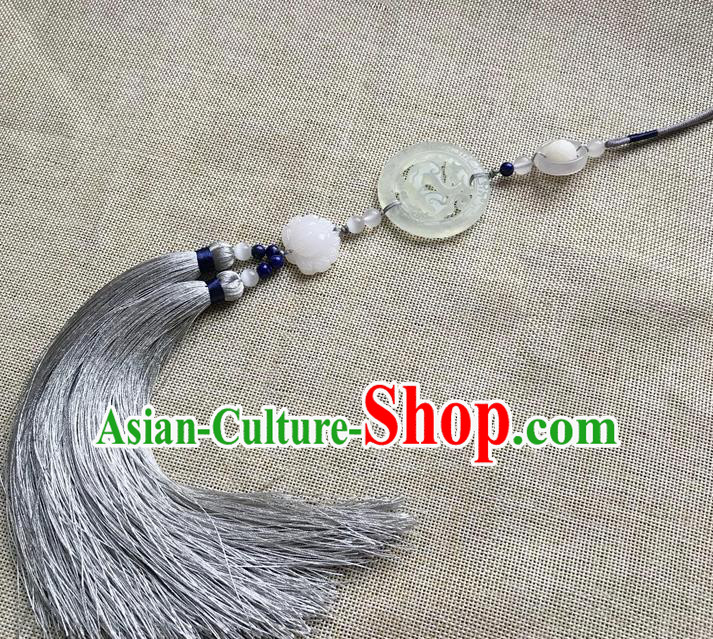 Chinese Ancient Hanfu Grey Tassel Brooch Pendant Jade Jewelry Accessories Carving Dragon Lotus Lappet