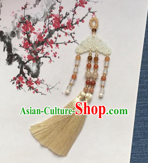 Chinese Ancient Court Hanfu Beige Tassel Brooch Pendant Jade Lappet Jewelry Accessories