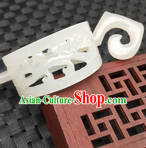 Chinese Ancient Hetian White Jade Carving Hairdo Crown Headwear Hanfu Jade Hairpin Scholar Pierced Hair Accessories