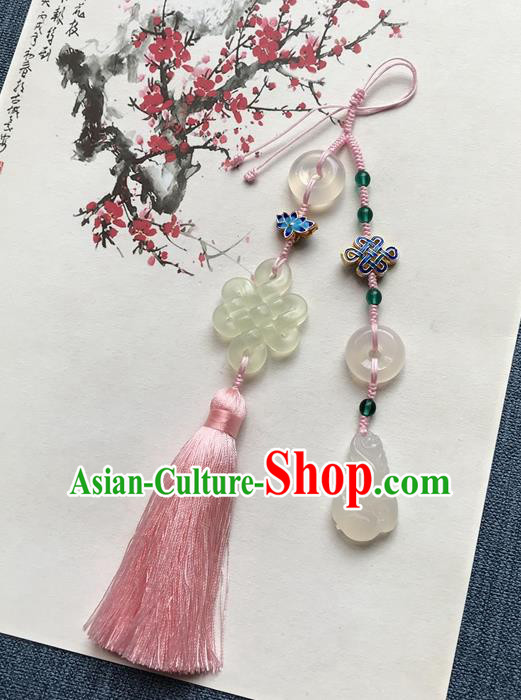 Chinese Ancient Hanfu Pink Tassel Brooch Pendant Jade Knot Jewelry Accessories Cloisonne Lotus Lappet