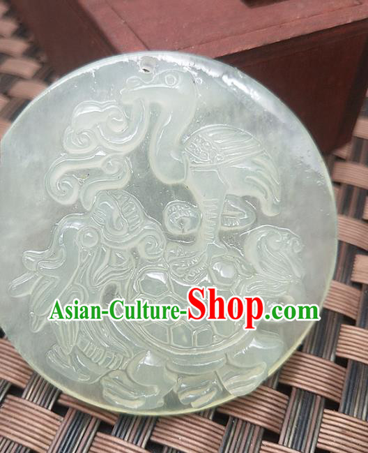 Chinese Handmade Round Jade Necklace Pendant Hsiuyen Jade Label Carving Crane Tortoise Jade Accessories Craft