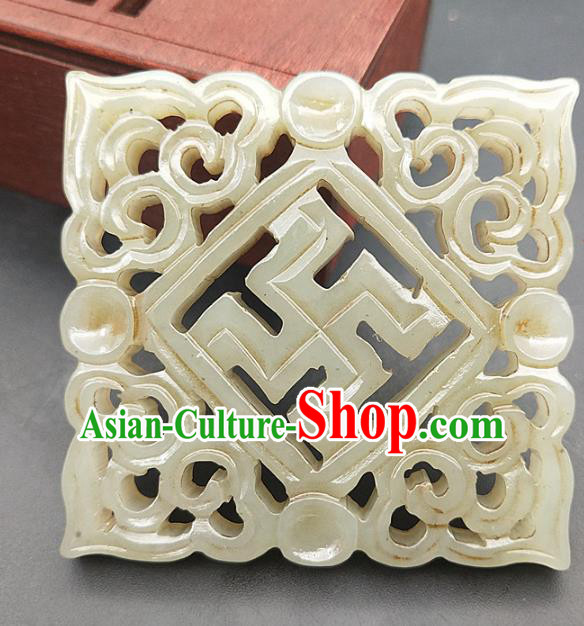 Chinese Handmade Jade Carving Lucky Necklace Accessories Handgrip Craft Jade Jewelry Jade Svastika Pendant