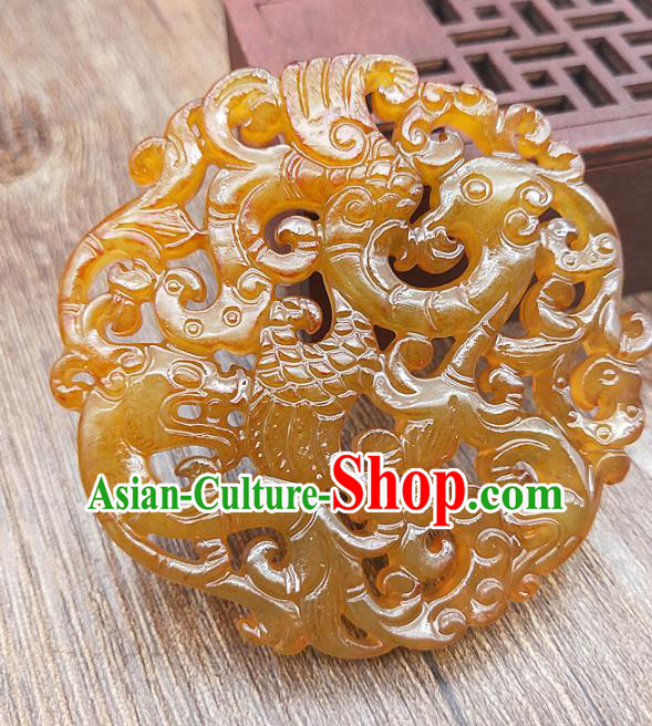 Chinese Yellow Jade Carving Dragon Phoenix Necklace Accessories Handgrip Craft Handmade Jade Jewelry Jade Pendant