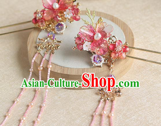 Chinese Ancient Hanfu Red Flowers Hair Accessories Women Hairpin Headwear Pink Beads Tassel Hair Clip