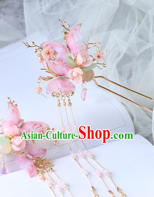 Chinese Ancient Hair Clips Hanfu Hair Accessories Women Pink Silk Butterfly Hairpin Headwear