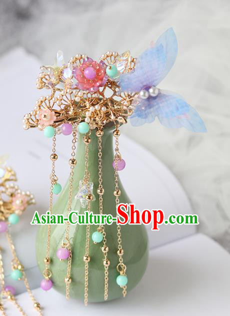 Chinese Ancient Hanfu Hair Accessories Women Blue Silk Butterfly Hair Claws Hairpin Headwear