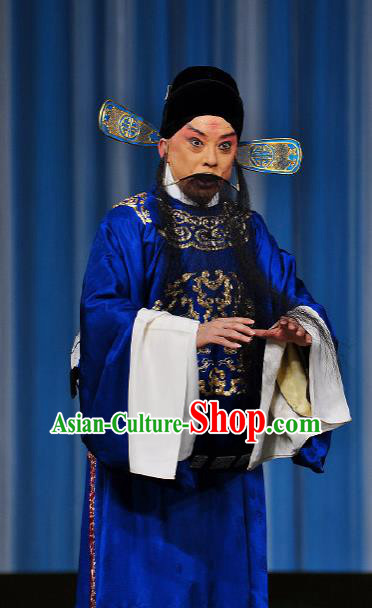 Chinese Peking Opera Old Men Apparel Costumes The Huarong Path Minister Lu Su Garment Blue Gown and Hat