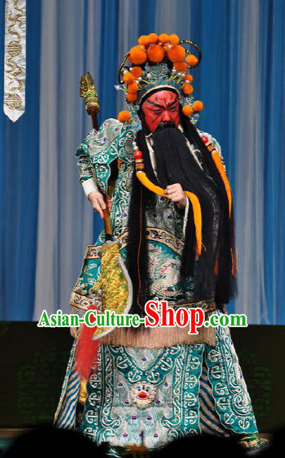 Chinese Peking Opera General Apparel Costumes The Huarong Path Minister Guan Yu Garment Kao Armor Suit and Helmet