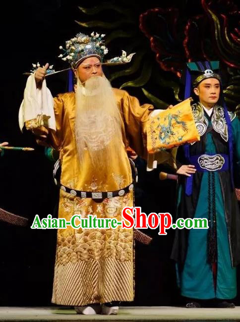 Chinese Peking Opera Old Men Embroidered Robe Garment Double Pearl Phoenix Chancellor Apparel Costumes and Hat