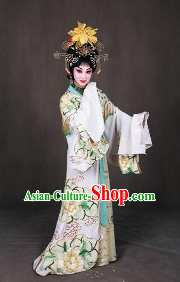 Chinese Peking Opera Garment Costumes the Royal Consort of Tang Female Dan Apparel Hua Tan White Dress and Headwear