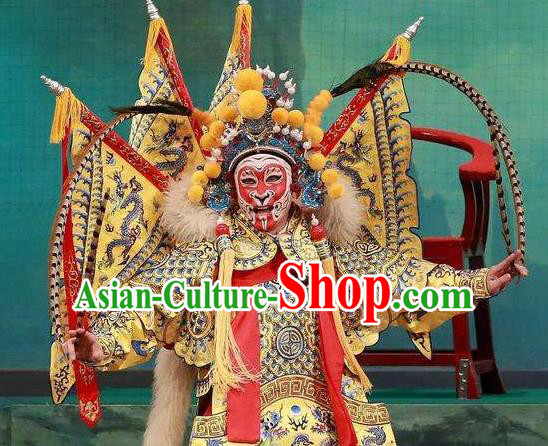 Chinese Peking Opera Martial Men Garment A Monkey King Costumes Sun Wukong Takefu Apparel Kao Armor Suit with Flags and Headwear