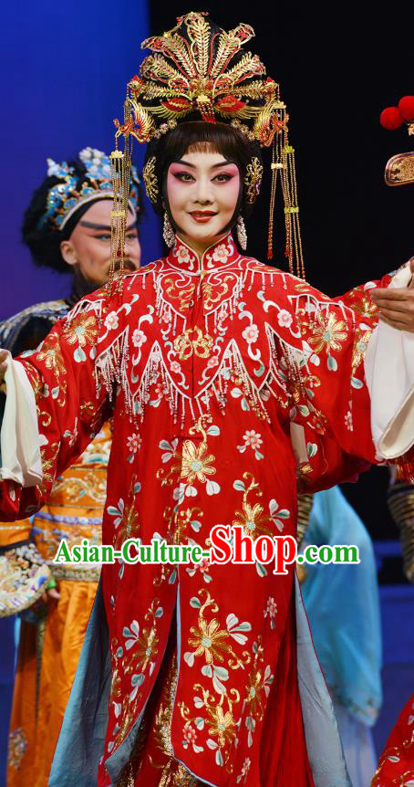 Chinese Cantonese Opera Hua Tan Wedding Red Dress Costumes Princess Chang Ping Peking Opera Diva Apparel Garment and Headdress