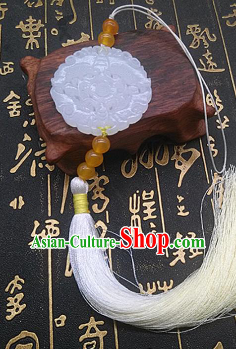 Chinese Handmade Carving Jade Label Belt Accessories Handgrip Craft Handmade White Tassel Waist Pendant