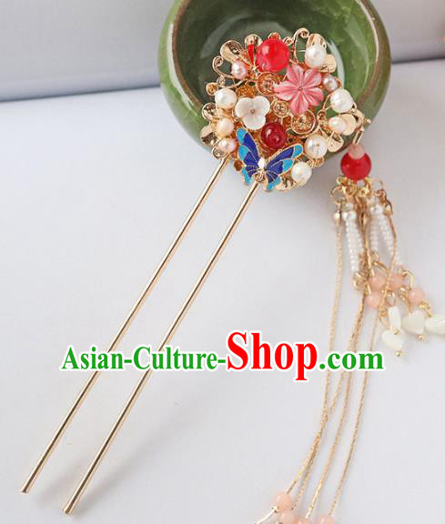 Chinese Ancient Blueing Tassel Hair Clip Hanfu Hair Accessories Ming Dynasty Women Headwear Pearls Hairpin