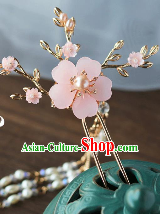 Chinese Ancient Hanfu Pearls Tassel Hair Clip Hair Accessories Women Headwear Pink Flower Hairpin