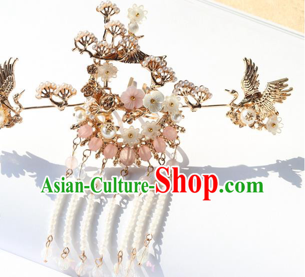 Chinese Ancient Hanfu Tassel Hair Clip Hair Accessories Women Headwear Golden Crane Hair Crown Hairpin Complete Set