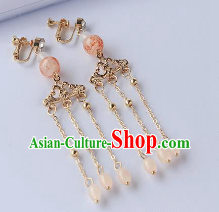 Chinese Ancient Hanfu Pink Beads Tassel Earrings Jewelry Women Ear Accessories