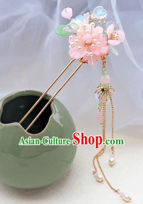 Chinese Ancient Pink Flower Hair Clip Hanfu Hair Accessories Tassel Hairpin Women Headwear