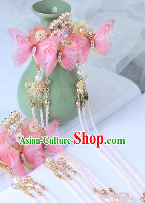 Chinese Ancient Hanfu Pink Silk Butterfly Hair Claws Hair Accessories Women Headwear Tassel Hair Stick Hairpins