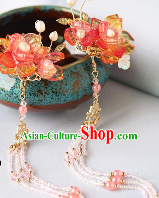 Chinese Ancient Hanfu Red Lotus Hair Claws Hair Accessories Women Headwear Tassel Hair Stick