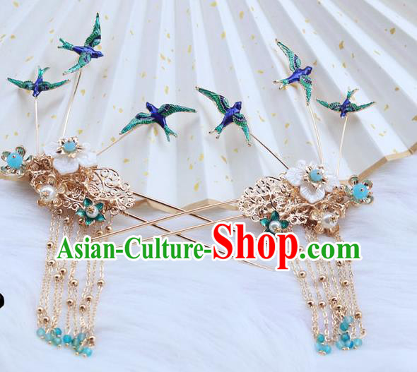 Chinese Ancient Hanfu Hair Clip Hair Accessories Women Headwear Blueing Birds Tassel Hairpin