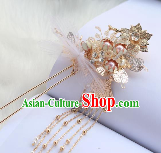 Chinese Ancient Hanfu Golden Tassel Hair Clip Hair Accessories Women Headwear Silk Flower Hairpin