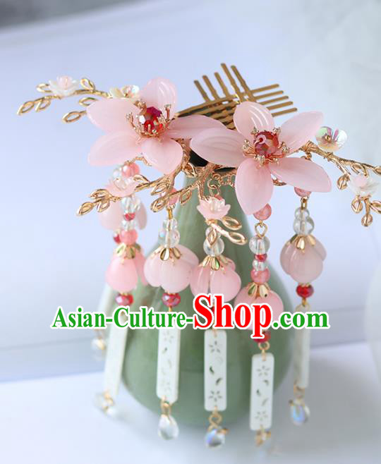 Chinese Ancient Hanfu Tassel Hair Combs Hair Accessories Women Headwear Pink Flower Hairpins