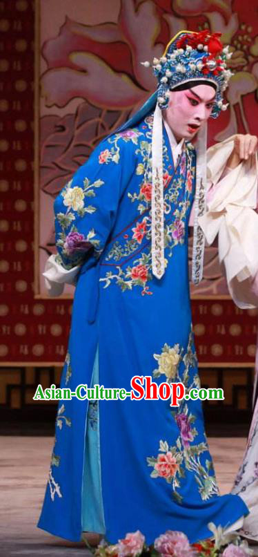 Chinese Peking Opera Niche Garment The Dream in Lady Chamber Young Male Apparels Blue Costumes and Headwear