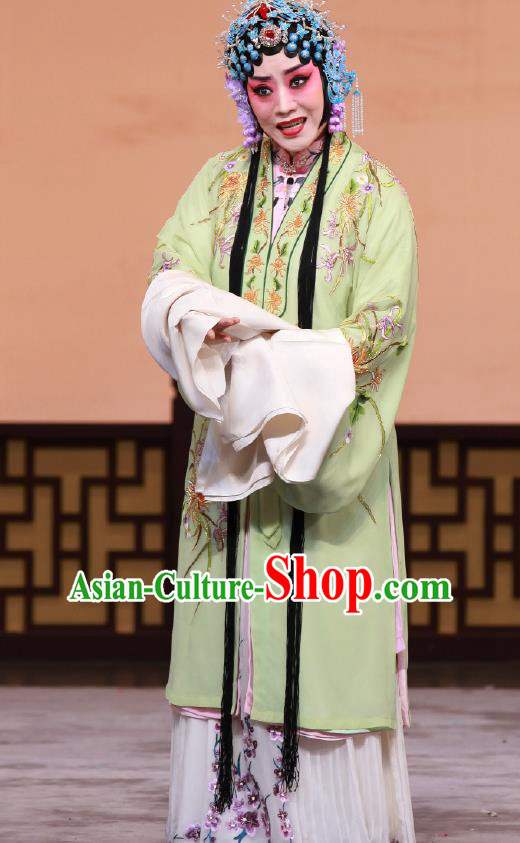 Traditional Chinese Peking Opera Young Lady Green Cape Dress Apparel The Dream in Lady Chamber Diva Costumes Garment and Headwear