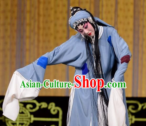 Traditional Chinese Peking Opera Tsing Yi Garment Dress San Niang Jiao Zi Poor Female Costumes and Headwear