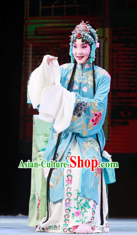 Traditional Chinese Peking Opera Female Actor Garment Dress Return of the Phoenix Hua Tan Costumes Blue Dress and Headdress