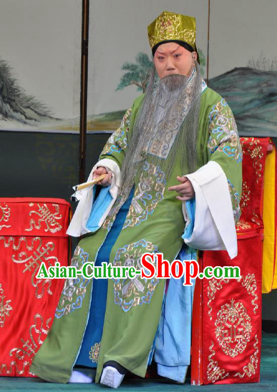 Chinese Beijing Opera Elderly Men Costumes Garment Peking Opera Return of the Phoenix Laosheng Landlord Green Apparels and Hat