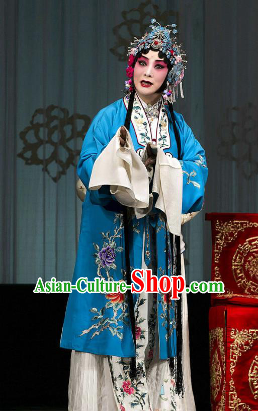 Traditional Chinese Peking Opera Garment Return of the Phoenix Hua Tan Costumes Blue Dress Cape and Headdress Complete Set