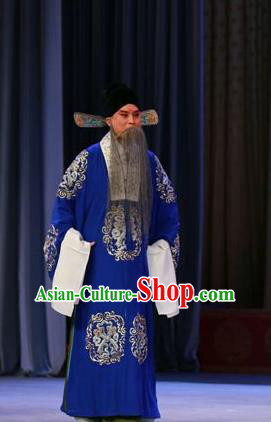 Chinese Peking Opera Costumes Garment Peking Opera Lv Bu and Diao Chan Old Men Apparels Blue Robe and Headwear