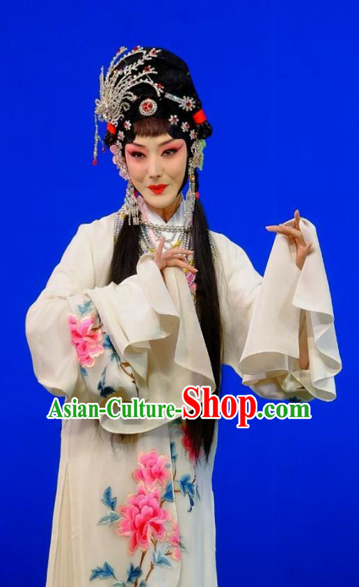 Chinese Peking Opera Hua Tan Garment Costumes Traditional Lv Bu and Diao Chan Apparels White Dress and Headpieces