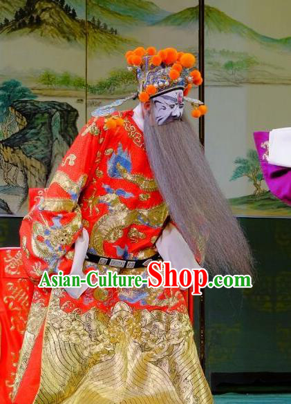 Chinese Peking Opera Dong Zhuo Official Costumes Garment Lv Bu and Diao Chan Elderly Male Apparels Red Python Embroidered Robe and Headwear