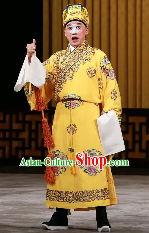 Chinese Beijing Opera Ugly Prince Costumes Garment Peking Opera Return of the Phoenix Apparels Clown Yellow Robe and Headwear