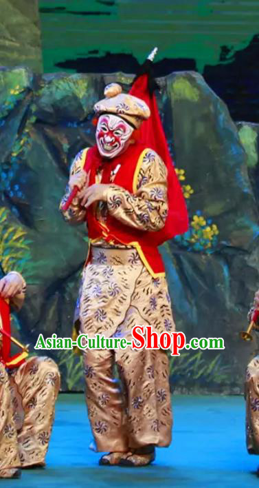 Chinese Peking Opera Monkey Soldier Havoc In Heaven Costumes Apparels Wusheng Garment and Headwear Complete Set