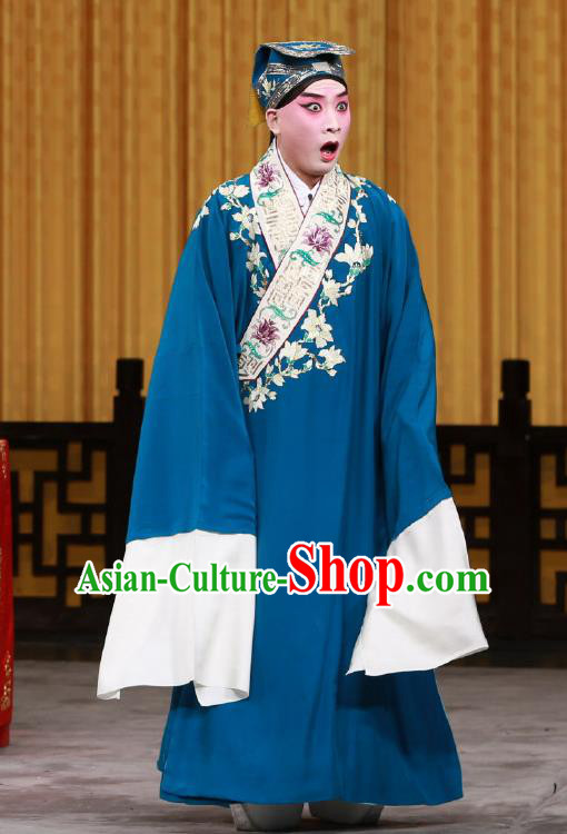 Chinese Beijing Opera Niche Young Men Costumes Garment Peking Opera Return of the Phoenix Apparels Xiaosheng Scholar Navy Robe and Headwear