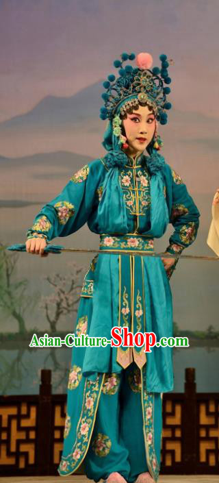 Traditional Chinese Henan Opera Martial Female Legend of the White Snake Costumes Peking Opera Apparel Wudan Green Garment and Headwear