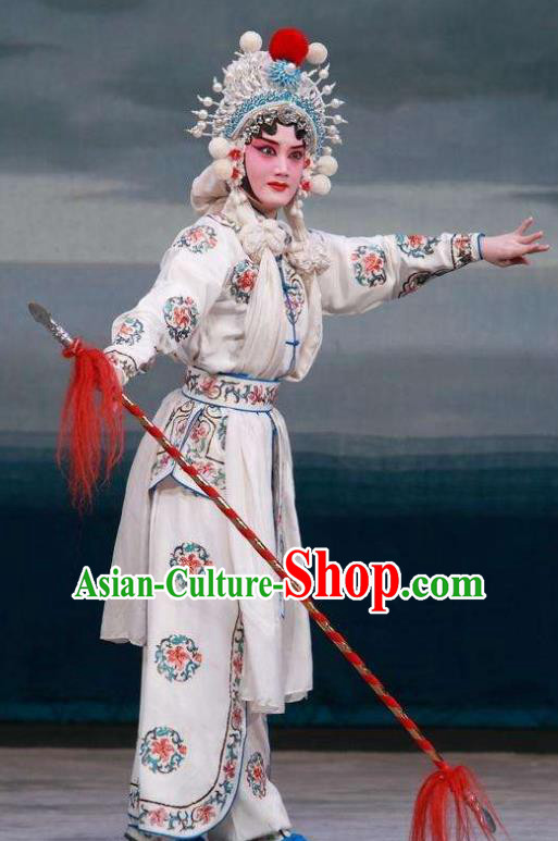 Traditional Chinese Henan Opera Legend of the White Snake Costumes Peking Opera Martial Female Apparel Wudan White Garment and Headwear