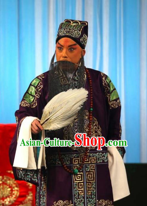 Chinese Beijing Opera Elderly Male Garment Peking Opera the Empty City Stratagem Zhuge Liang Purple Apparels Costumes and Hat