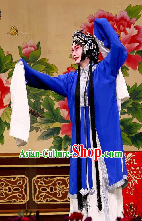 Traditional Chinese Peking Opera Distress Maiden Blue Dress Judge Bao and the Qin Xianglian Case Costumes Tsing Yi Garment and Headwear