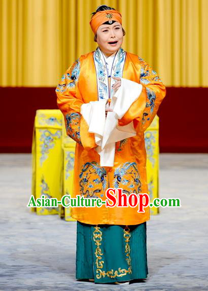 Chinese Peking Opera Elderly Female Garment Costumes Traditional Watch Tower Wang Er Lou Apparels Laodan Golden Dress and Headwear