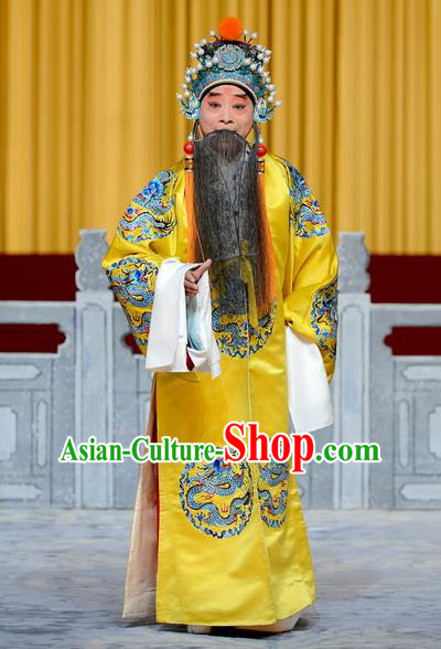 Chinese Peking Opera Old Men Watch Tower Wang Er Lou Martial Men Apparels Costumes Emperor Garment Ceremonial Robe and Headwear