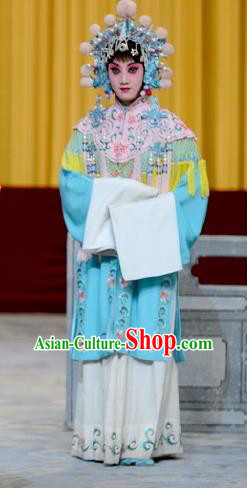 Chinese Peking Opera Hua Tan Garment Costumes Traditional Watch Tower Wang Er Lou Apparels Court Maid Blue Dress and Headwear